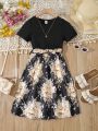 SHEIN Kids SUNSHNE Girls' Floral Printed Patchwork Short Sleeve Dress