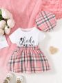 2pcs/Set Baby Girls' Elegant Casual Short Sleeve Dress With Hat For Summer