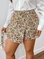 SHEIN Frenchy Plus Size Women's Valentine Floral Printed Irregular Hem Shorts