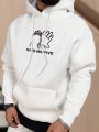 Extended Sizes Men Plus Slogan & Hand Print Kangaroo Pocket Drawstring Hoodie