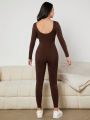 Teenage Girls' Knitted Pure Color Jumpsuit With U-neck And Slim Fit Back