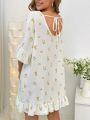 Floral Print Flounce Sleeve Ruffle Hem Nightdress