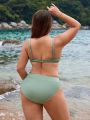 SHEIN Swim Basics Plus Size Women'S Solid Color Swimsuit Set