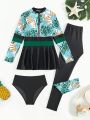 Teenage Girls' Tropical Printed Long Sleeve Swimsuits And Pants, 3pcs/set