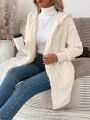 Solid Pom Pom Detail Open Front Hooded Teddy Coat