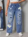 Plus Size Ripped Floral Printed Jeans With Patchwork Detail