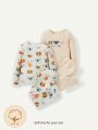 Cozy Cub 4pcs/Set Baby Girl Cute Animal Pattern Tight-Fitting Pajamas With Round Neck Top And Long Pants