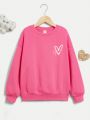 Tween Girl Heart Print Drop Shoulder Thermal Lined Pullover