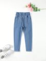 SHEIN Kids EVRYDAY Young Girl Floral Embroidery Paperbag Waist Knot Front Jeans