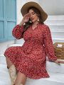 SHEIN VCAY Plus Size Long Sleeve Dress With Small Floral Print And Notched Neckline