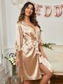 Lace Trim Belted Satin Sleep Robe