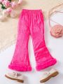 SHEIN Kids FANZEY Girls' Fashionable Pink Long Pants With Digital Print And Patchwork Design, Trendy All Seasons