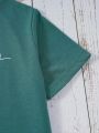 Green Round Neck Short Sleeve T-Shirt With Text Print For Girls