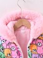 SHEIN Kids QTFun Young Girl Cartoon Graphic Fuzzy Trim Hooded Thermal Lined Winter Coat