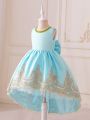 Young Girl Colorblock Sleeveless Party Dress With Embroidered Patchwork, Long Front And Bow-Knot Decorated Back