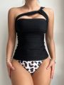 SHEIN Swim Classy Leopard Patterned Twisted & Cut-Out Detailed Tankini Swimsuit Set
