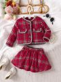 Baby Girls' Plaid Long Sleeve Jacket And Skirt Set, Autumn/winter