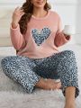 Plus Size Leopard Print Heart Pattern Coral Fleece Pajama Set