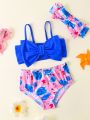 Baby Girls' Cute Floral Print Swimsuit With Random Print, Large Bowknot, Ruffled Edge, Separable Bikini Set With Hairband For Summer Vacation