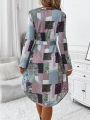 EMERY ROSE Patchwork Pattern V-neck Long Sleeve Women's Dress