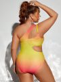 SHEIN Swim SXY Plus Size Hollow Out Ombre One Shoulder One-piece Swimsuit With Circular Decoration