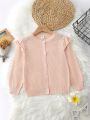 Little Girls' Knit Open Front Cardigan With Ruffle Hem & Eyelet Details