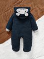 SHEIN Baby Boy Cartoon Embroidery 3D Ears Design Hooded Teddy Jumpsuit