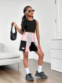 SHEIN Kids Cooltwn Tween Girls' Cool And Trendy Knitted Color-Block Shorts For Spring/Summer