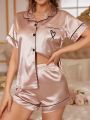 Mimic Silk Heart Embroidered Pocket Short-Sleeved Top And Shorts Pajama Set