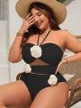 SHEIN Swim Chicsea Plus Size Women's Flower Decorated Halterneck One Piece Swimsuit