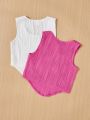 SHEIN Kids EVRYDAY Big Girls' Knitted Solid Color Sleeveless Vest Set With Round Neck, Slim Fit, 2pcs