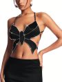 SHEIN BAE Black Butterfly & Rhinestone Chain Trimmed Cross Back Crop Top And Mini Skirt Set, Perfect For Music Festival, Nightclub, Party And Date Night