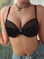 Solid Color Mesh Panel Bra