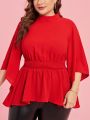 SHEIN Clasi Red Stand Collar Waist Loose Cuffs Plus Size Shirt