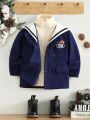 SHEIN Young Boy 1pc Letter Patched Detail Double Breasted Sailor Collar Overcoat