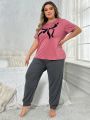 Plus Size Bowknot Print Pajamas Set With Bow Detail