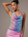 Muted Draped Collar Backless Sequin Halter Top