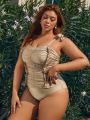 SHEIN Leisure Plus Size Solid Color Pleated Bikini Set