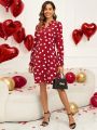 EMERY ROSE Valentine's Day Women Love Heart Print Flare Long Sleeve Dress With Scoop Neckline