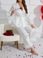 Plus Size Fuzzy Cuff Belted Robe And Pajama Pants Set