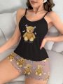 Ladies Cartoon Bear Print Cami Pajamas Set