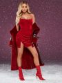 SHEIN BAE Women'S Sexy And Elegant Corset Velvet Mini Dress With Slit, Strapless, Fishbone, High Waist, Pleated Design For Christmas Party And New Year'S Eve Dating Night