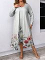 Flower Printed Plus-size Dress And Open-front Coat Set