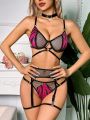 Wild Women's Zebra Print Fishnet Lingerie Set With Floral Patchwork, Sexy