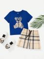SHEIN Kids QTFun Young Boy Casual Cute Bear Short Sleeve T-Shirt And Plaid Shorts 2pcs/Set