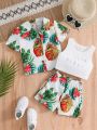 Baby Girl's Holiday Style Comfortable Casual Short-Sleeved Shirt, Laser Printed Vest, Loose Printed Shorts 3pcs/Set