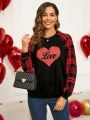 EMERY ROSE Valentine's Day Heart & Checkered Print Raglan Sleeves Casual Sweatshirt