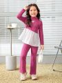 SHEIN Kids KDOMO Toddler Girls' Slim Fit Academy Style Half Turtleneck Top And Long Pants Set