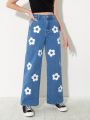 Girls' (Big) New Casual Fashionable White Floral Printed Washed Denim Wide Leg Jeans