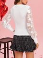 SHEIN Clasi Lace Spliced Valentine's Day  Long Sleeve T-Shirt
